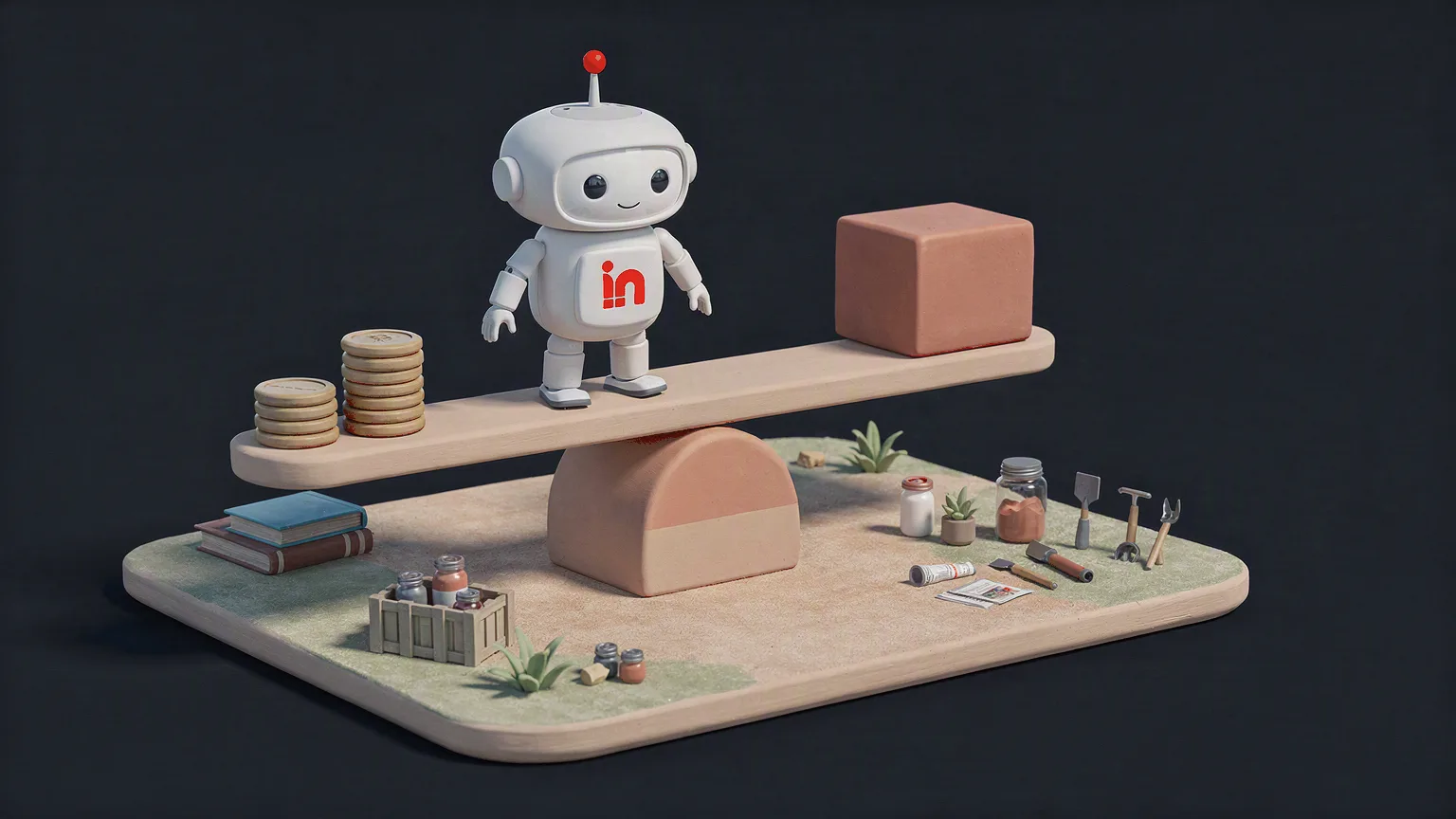 The robot balances on a seesaw, with a stack of coin-like discs on one side and a single cube on the other