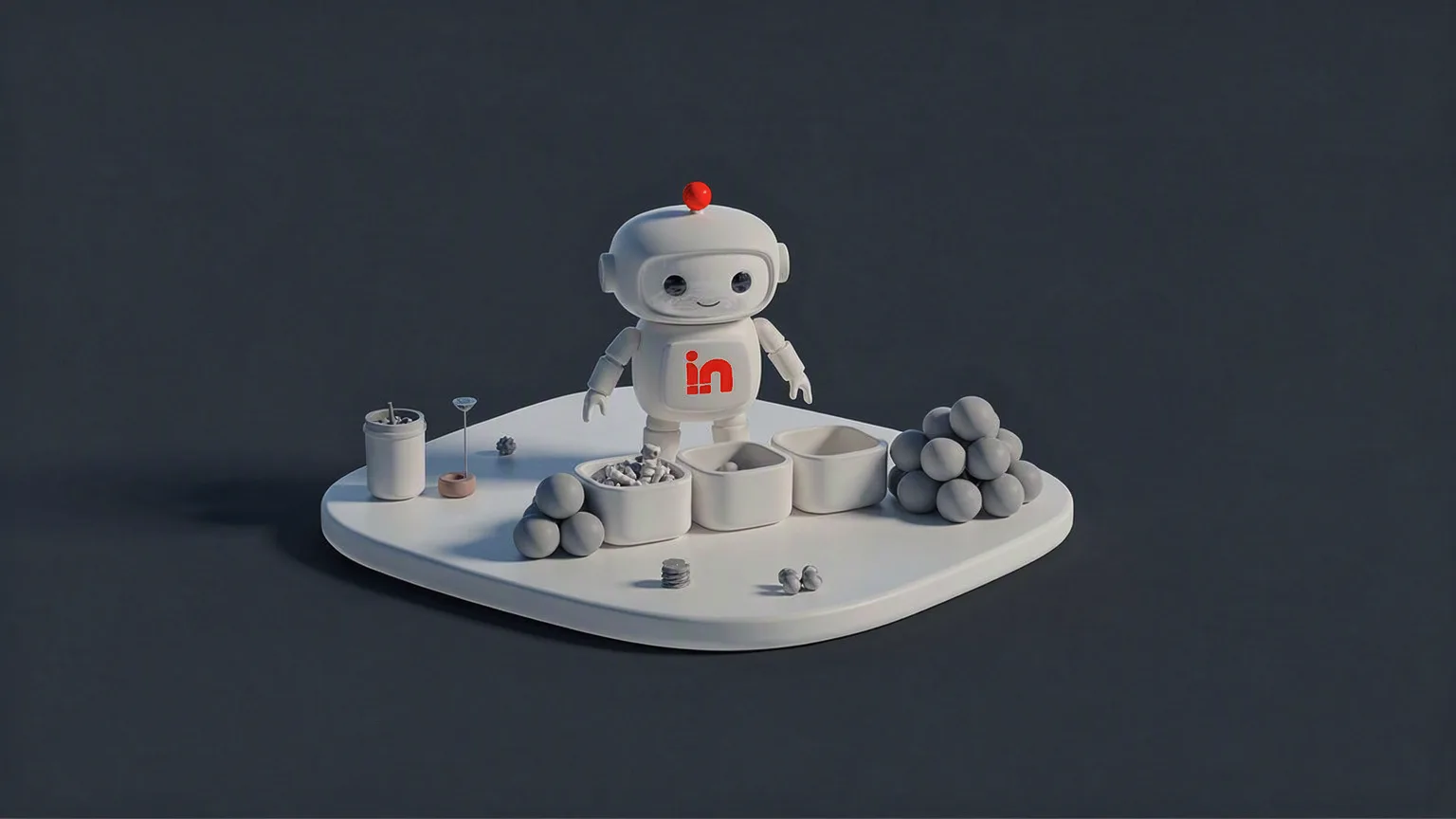 The robot sorts blocks into three round jars, while an untidy pile still waits beside it